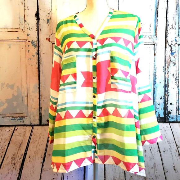 Kaktus Sheer Southwest Tunic Top Size L Bright Colors Contemporary New Retro - Picture 12 of 12